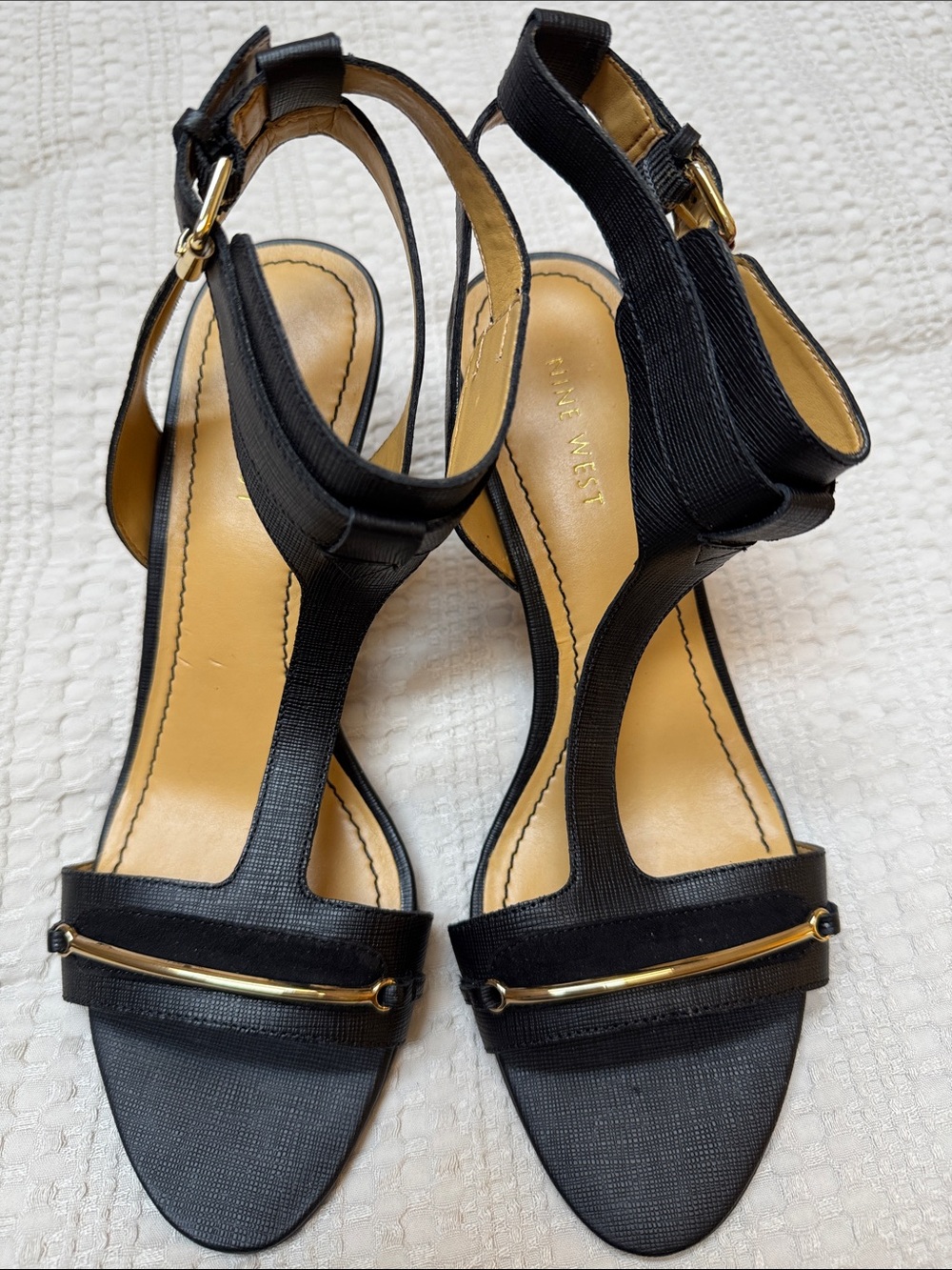 Nine West Black T-Strap Sandals with Gold Bar Detail